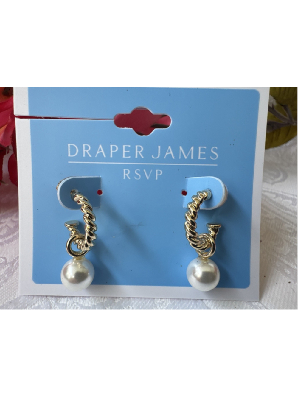 Draper James Dainty Pearl Dangle 1" Earrings Pearl Braided Hoop GoldTone NEW